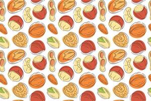 Seamless pattern of hand drawn nuts peanut, walnut, almond, pistachio, cashew, macadamia, pecan and hazelnut in flat style on white background. Perfect for textile, packaging, menu, store design. vector