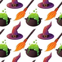 Seamless Halloween pattern with witch hat, broom and bubbling cauldron on white background in cartoon style. Perfect for seasonal wrapping paper and festive decoration. vector