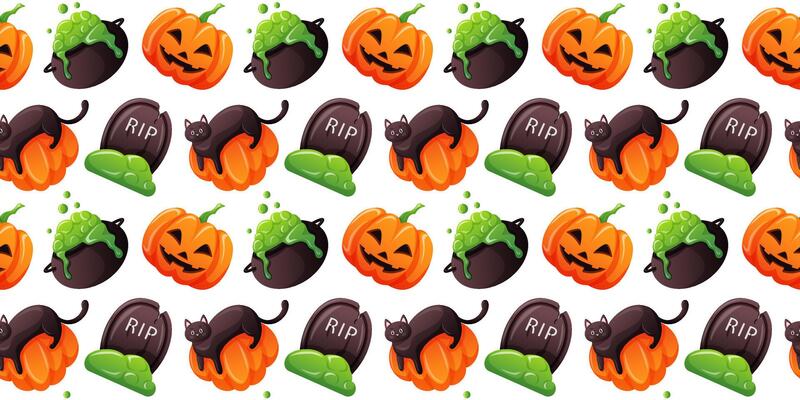 Seamless Halloween pattern with pumpkin, black cat, tombstone and bubbling cauldron in cartoon style on a white background. Ideal for festive design, wallpaper, holiday packaging.