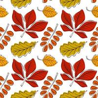 Autumn forest leaves seamless pattern in line art style. Fall season background design in flat style. Perfect for greeting, invitation, wrapping paper, textile. vector