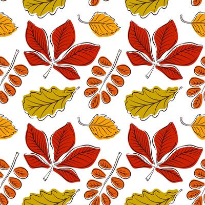 Autumn forest leaves seamless pattern in line art style. Fall season background design in flat style. Perfect for greeting, invitation, wrapping paper, textile.