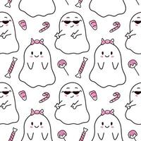 Cute ghost seamless pattern with sweet candy and smiling character on white background. Fun and playful design perfect for Halloween holiday, kids fabric, print, wrapping paper and festive decoration. vector