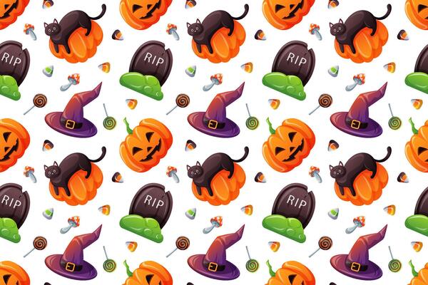 Colorful seamless Halloween pattern with pumpkin, black cat, witch hat, candy, mushroom and tombstone on white background in cartoon style. Perfect for seasonal wrapping paper and festive decoration.
