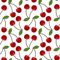 Seamless cherry pattern with green leaf and stem on white background in cartoon style. Perfect for fabric, textile, wrapping paper, kitchen decor and fresh fruit themed summer design. vector