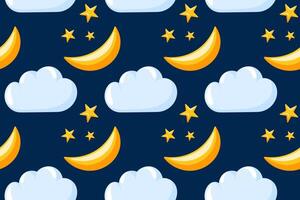 Seamless night sky pattern with cartoon style moon star and cloud on dark background. Perfect for kid theme design, textile, print, wallpaper and package. vector