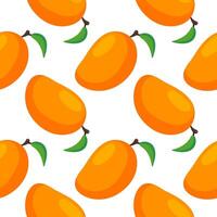 Seamless pattern with mango fruit with green leaf on white background in cartoon style. Design for for invitation, greeting card, scrapbooking, print, gift wrap, manufacturing. vector