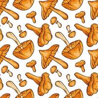 Seamless pattern with inedible and edible mushroom in cartoon style. Chanterelle, Autumn Skullcap, Deadly Webcap background design for wrapping paper, wallpaper, textiles, package. vector