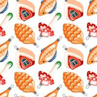Christmas tree toys seamless pattern in cartoon style. New Year glass balls in shape of fish, house, pine cone and fly agaric. Festive xmas print. illustration isolated on a white background. vector