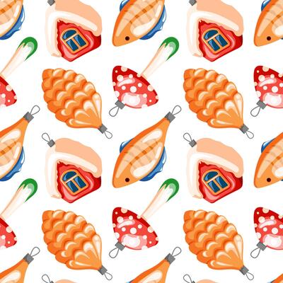 Christmas tree toys seamless pattern in cartoon style. New Year glass balls in shape of fish, house, pine cone and fly agaric. Festive xmas print. illustration isolated on a white background.