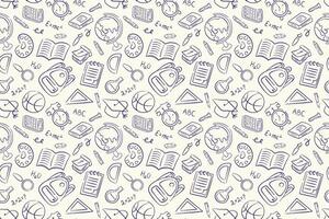 Seamless back to school pattern with doodle style book, globe, pencil, backpack and other education elements. DEsign for package, background. vector