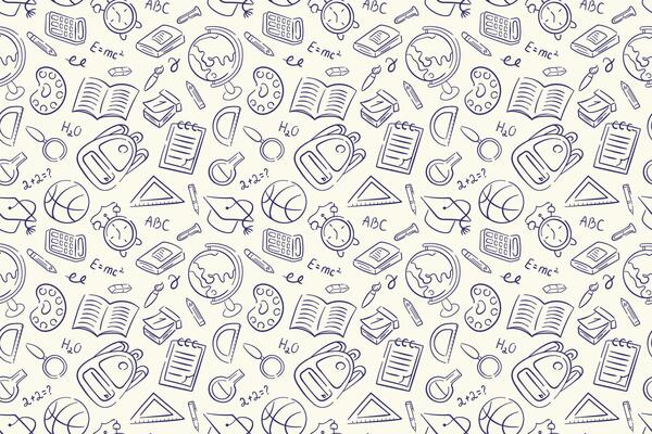Seamless back to school pattern with doodle style book, globe, pencil, backpack and other education elements. DEsign for package, background.
