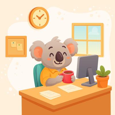 koala mascot with coffee sits at computer in cozy atmosphere at remote work