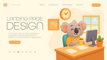 landing page template with koala in office at computer, career advancement, online learning vector