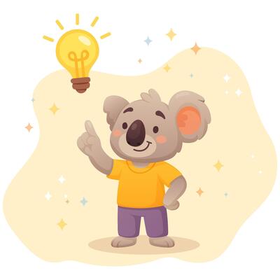 cute koala with an idea with a light bulb above his head