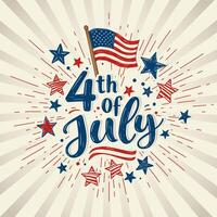 Hand-drawn style 4th of July text with flag and star decorations vector