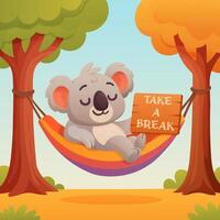 lazy koala lies in a hammock with a sign take a break vector
