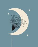 Wall painting interior decor Moon and Flowers contour, stars, blue soft background. vector