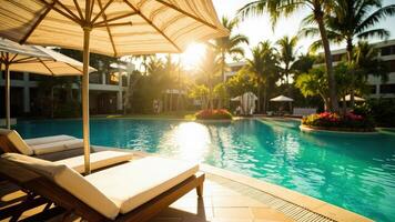 Sunset over the pool at a resort in thailand photo