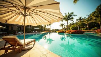 A pool with a lounge chair and umbrella in front of it photo