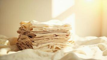 A stack of white cloths on a bed photo