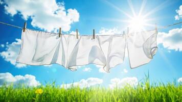 Laundry hanging on clothesline in the sun photo