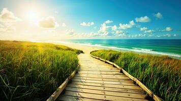 Wooden path to the beach with grass and sun photo