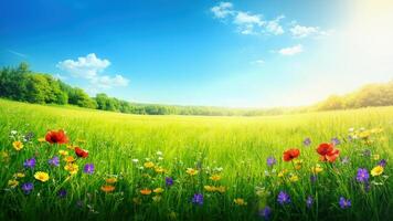 Spring field with flowers and sun photo
