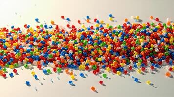 Many colorful plastic people are scattered on a white surface photo