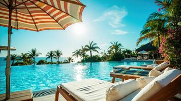 A pool with lounge chairs and an umbrella photo