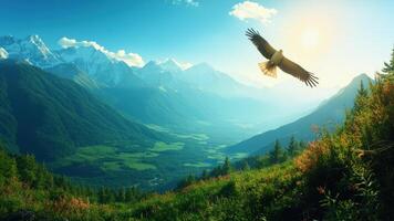 An eagle flying over a mountain range with a valley in the background photo