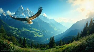 An eagle flying over a mountain range photo