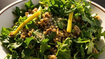 A bowl of greens with sesame seeds and lemon photo
