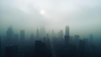 A foggy city skyline with tall buildings in the distance photo