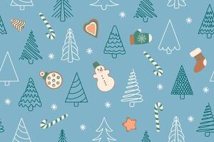 Seamless pattern of Christmas trees and various festive elements in doodle style on blue background. Bright festive background for invitations, wrapping paper, fabric, textile. vector