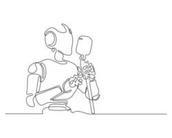 Minimalist one line drawing of a robot passionately singing into a microphone. Futuristic music and technology art concept. Simple, modern, creative illustration. vector