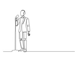 Minimalist one line drawing of a robot in a suit singing into a microphone. Futuristic music performance and technology concept. Elegant, modern, creative art. vector