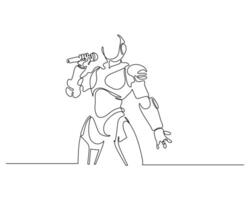 One line drawing of a futuristic robot dynamically singing into a microphone. Minimalist concept of technology, music, and modern digital art in performance. vector