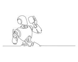 Continuous line art of a robot holding a speech bubble, symbolizing futuristic communication, technology, innovation, digital conversations, and AI interaction. vector