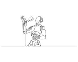 Continuous line drawing of a robot passionately singing into a microphone on a stand, expressive and emotional performance, futuristic minimalistic art blending technology and music. vector