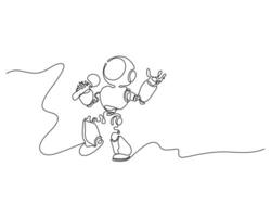 Minimalistic line drawing of a robot singing with a microphone, lively pose and playful movement. Futuristic character sketch showcasing music and technology fusion. vector