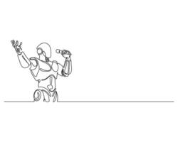 Continuous line art of a robot passionately singing into a microphone, futuristic performer in an expressive concert moment, minimalistic scifi music illustration. vector