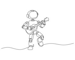 One line drawing of a robot playing guitar with energy and style. Minimalist futuristic artwork blending technology, music, and creativity in modern digital expression. vector