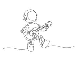 Minimalist one line drawing of a robot playing guitar joyfully. Futuristic digital art symbolizing creativity, technology, music, and innovation in a lively, modern style. vector