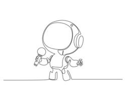 One line drawing of a cute robot holding a microphone, performing or speaking, minimalistic cartoon style for futuristic, technology, and kids' content. vector