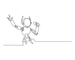 One line drawing of a robot singing with energy into a microphone, futuristic performer on stage, minimalistic sci fi music art for creative tech and entertainment themes. vector