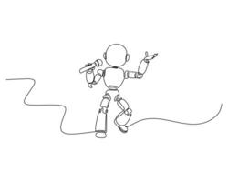 Continuous line art of a robot singer holding a microphone and performing energetically, minimalistic style, perfect for technology, music, and entertainment themes. vector