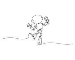 Continuous line drawing of a joyful robot performing with a microphone, minimalistic and dynamic design, ideal for music, technology, and entertainment concepts. vector