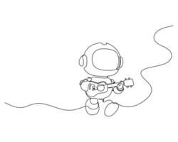 One line drawing of a cute robot playing an acoustic guitar while floating, minimalistic cartoon style perfect for technology, music, and futuristic creative concepts. vector
