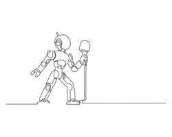 Minimalist one line drawing of a robot singing into a microphone. Futuristic music performance concept. Simple, creative, modern digital art. vector