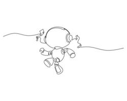 Continuous line art of a cute robot singing into a microphone, floating or jumping joyfully, symbolizing creativity, music, entertainment, innovation, technology, and AI celebration. vector
